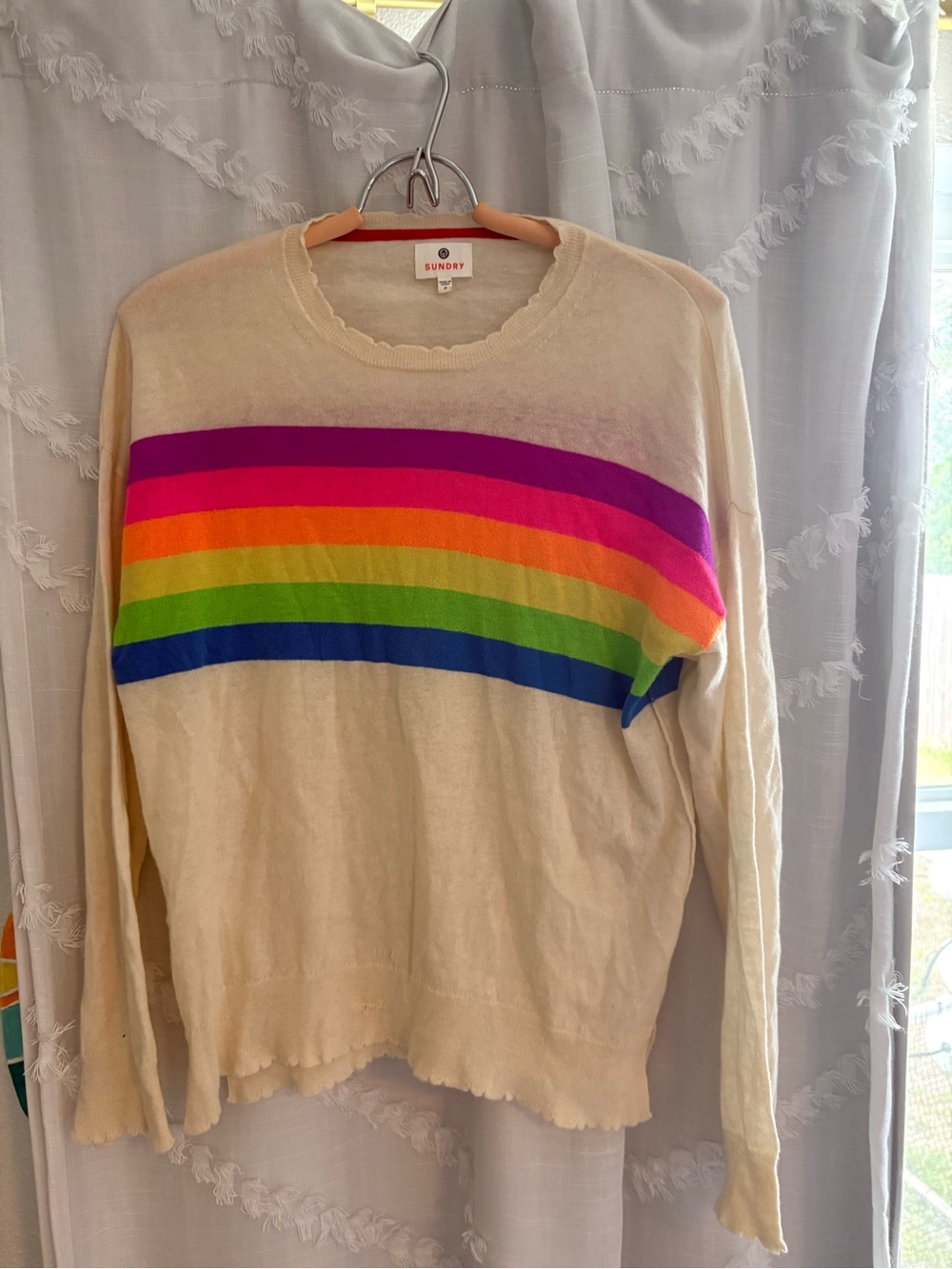 Sundry Cream Knit Top with Purple, Pink, Orange & Red Accents